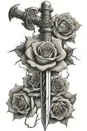 One sword facing downward in clouds with lightning one rose centered over top tattoo design idea