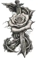 One sword facing downward in clouds with lightning one rose centered over top tattoo design idea
