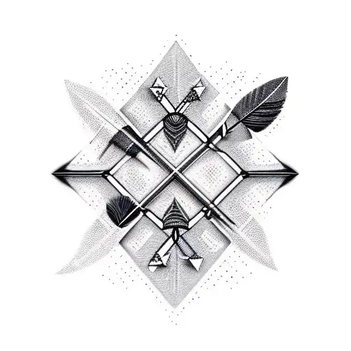 generate me a tattoo of 3 arrows crossing each other. the two outer darts are made with stone tips and bird feathers and tattoo design idea