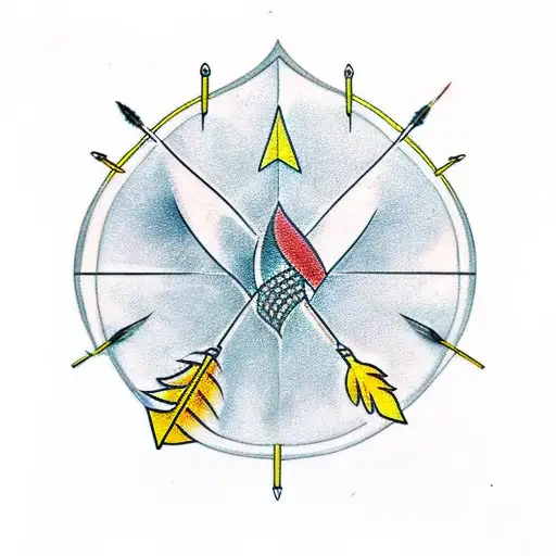 generate me a tattoo of 3 arrows crossing each other. the two outer darts are made with stone tips and bird feathers and tattoo design idea