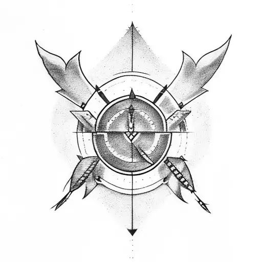 generate me a tattoo of 3 arrows. the two outer darts are made with stone tips and bird feathers and tattoo design idea