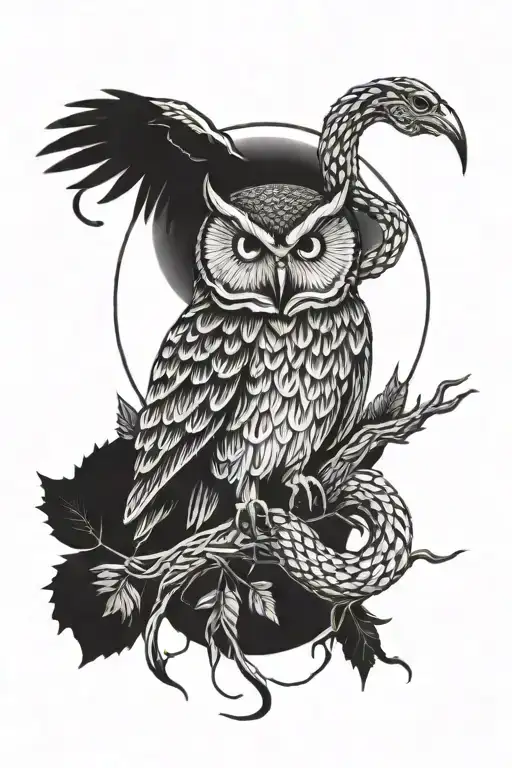 owl tattoo featuring a snake intertwined and with the moon and forest surrounding them tattoo design idea