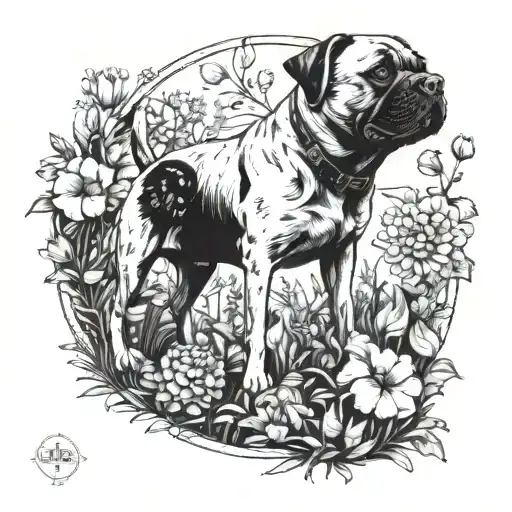 A labrador and a french bulldog playing together in a whimsical garden tattoo design idea