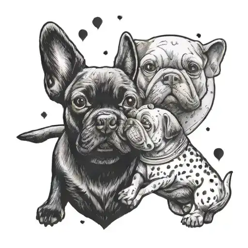 A heart-shaped balloon with a labrador and a french bulldog flying together tattoo design idea