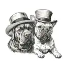 A vintage-style portrait of a labrador and a french bulldog wearing old-fashioned hats tattoo design idea