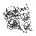 A vintage-style portrait of a labrador and a french bulldog wearing old-fashioned hats tattoo design idea