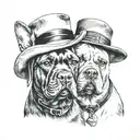 A vintage-style portrait of a labrador and a french bulldog wearing old-fashioned hats tattoo design idea