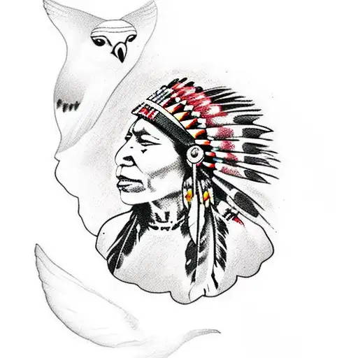 native american indian female with bird tattoo design idea