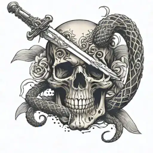 a sword in a skull and a snake wrapped around it tattoo design idea