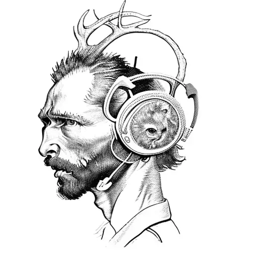 A portrait of Van Gogh wearing headphones and listening to Pink Floyd, with deer antlers growing out of his head tattoo design idea