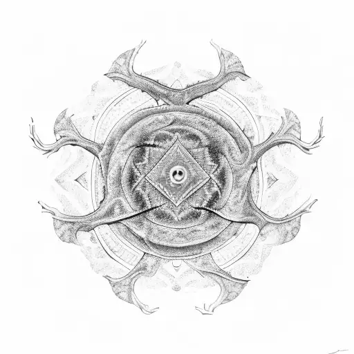 An intricate mandala design incorporating elements of Pink Floyd's album covers and Van Gogh's swirling brushstrokes, with hidden deer antlers throughout the pattern tattoo design idea