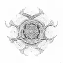 An intricate mandala design incorporating elements of Pink Floyd's album covers and Van Gogh's swirling brushstrokes, with hidden deer antlers throughout the pattern tattoo design idea