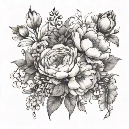 rose peony daisy violet poppy larkspur Lilly of the valley cosmos bouquet tattoo design idea