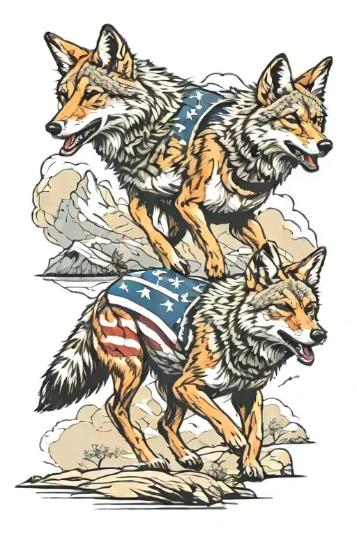 patriotic coyote running together in the mountains  tattoo design idea