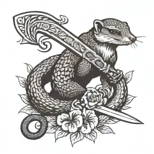 mongoose stabbing a snake with a sword. lots of flower pattern blood  tattoo design idea