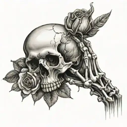 skull roses with skeleton hand holding tattoo design idea