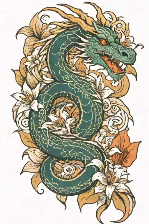 dragon with lily of the Incas  tattoo design idea