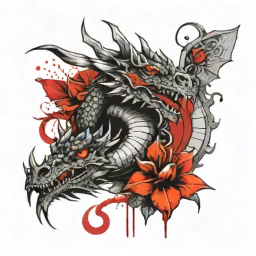 dragon with lily of the Incas down thigh tattoo tattoo design idea