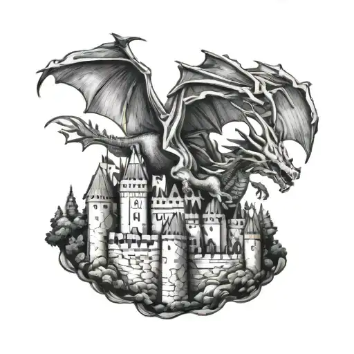 A majestic dragon flying over a medieval castle tattoo design idea