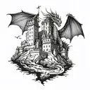 A majestic dragon flying over a medieval castle tattoo design idea