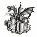 A majestic dragon flying over a medieval castle tattoo design idea