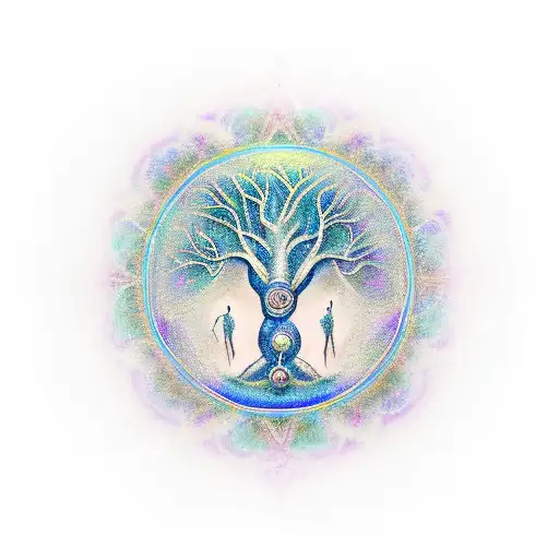 A mystical and ethereal tattoo of a yoga pose merged with the Tree of Life, surrounded by symbols of esoteric knowledge, reflecting the client's interest in spirituality and psychology. tattoo design idea