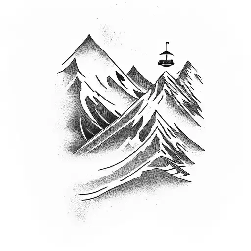 A tattoo design featuring a ski slope winding through a mountain range, with a silhouette of a pilot flying a plane overhead tattoo design idea