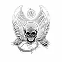 An intricate design of a skull with wings made of electric guitar strings, representing the connection between music and death tattoo design idea