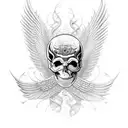 An intricate design of a skull with wings made of electric guitar strings, representing the connection between music and death tattoo design idea