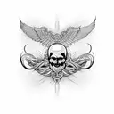 An intricate design of a skull with wings made of electric guitar strings, representing the connection between music and death tattoo design idea