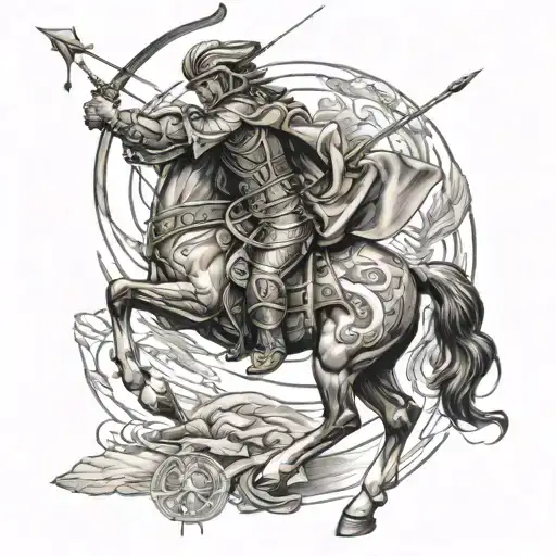 Sagittarius spartan soldier with bow and arrow riding a horse in battle mode tattoo design idea