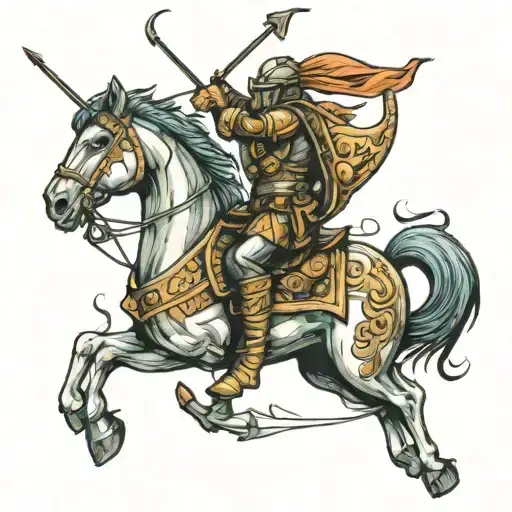 Sagittarius spartan soldier with bow and arrow riding a horse in battle mode tattoo design idea