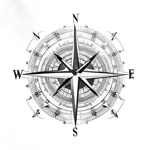 compass rose, clock, heart, barbed wire and sharp lines tattoo design idea