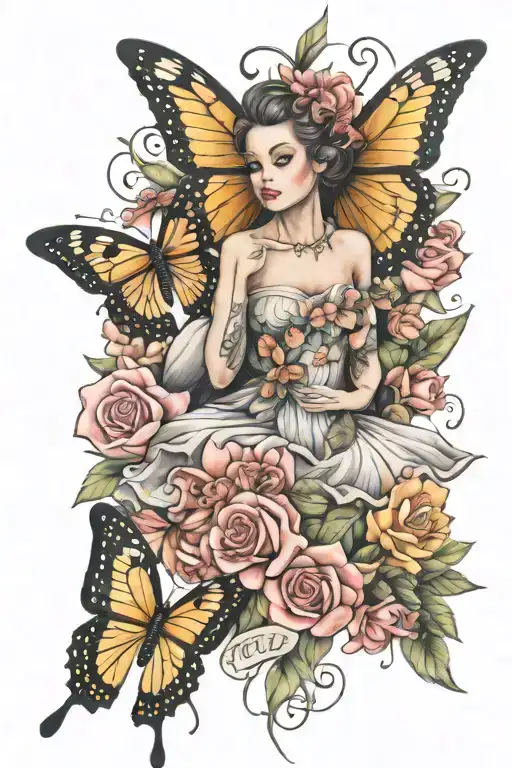 butterfly and ballerina surrounded tattoo design idea