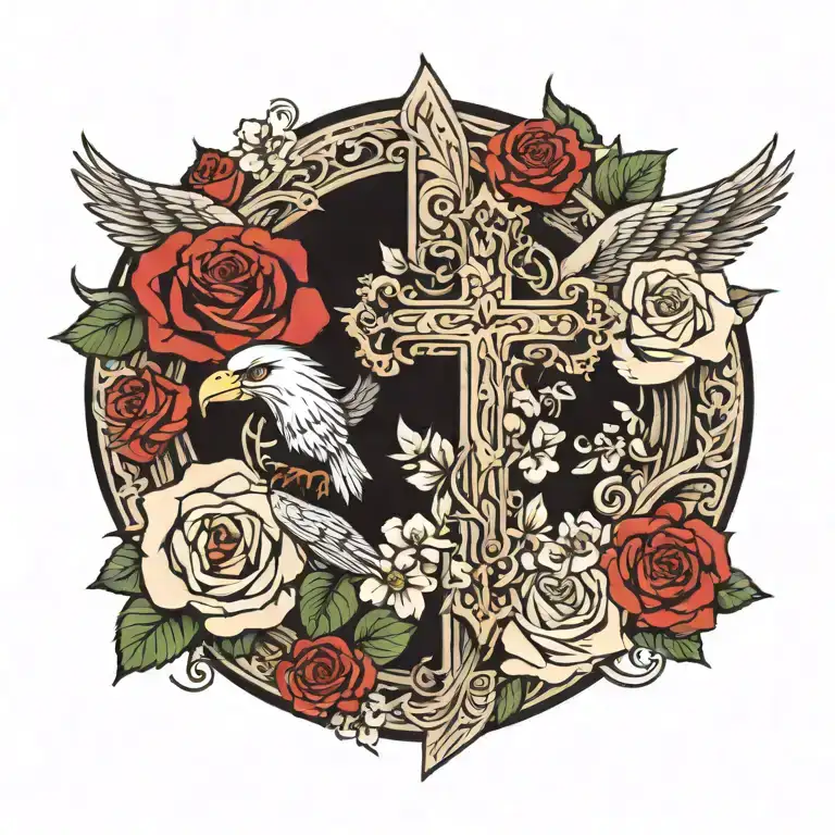 ornate cross; eagle wings; roses growing tattoo design idea