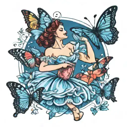 ballerina dancing gracefully surrounded by butterflies tattoo design idea
