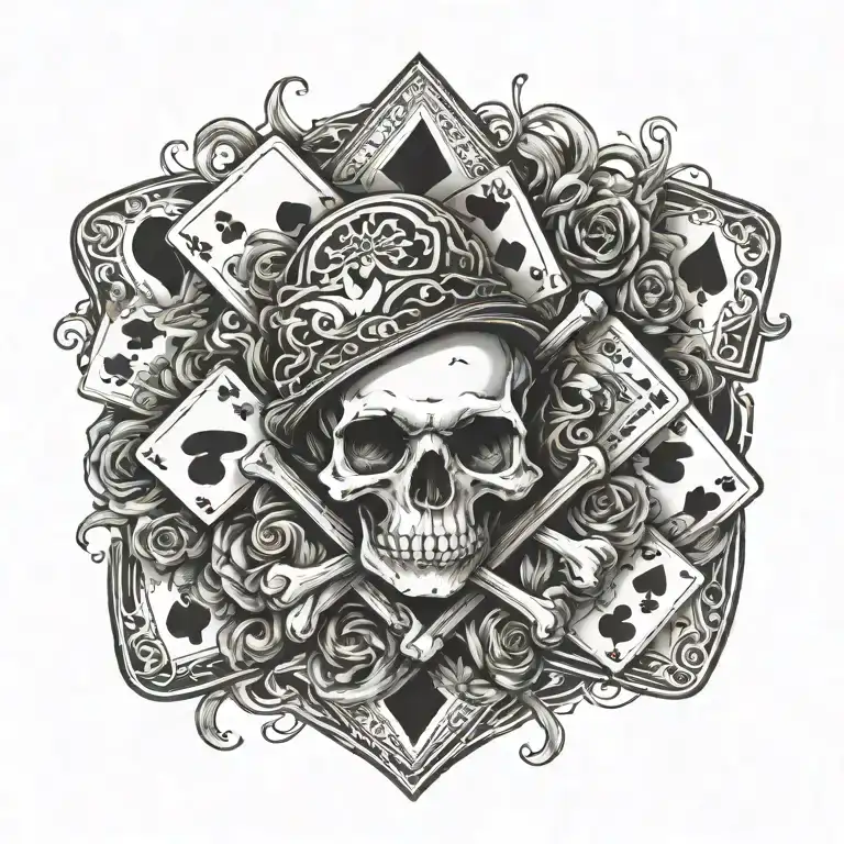A tattoo design featuring a skull and crossbones surrounded by playing cards, representing your love for gambling and fighting tattoo design idea