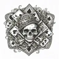 A tattoo design featuring a skull and crossbones surrounded by playing cards, representing your love for gambling and fighting tattoo design idea