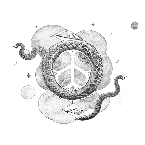 Serpent around a sword, ocean background, small moon covered by clouds tattoo design idea