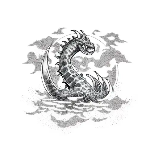 sea dragon rising from the ocean, ocean background, small moon covered by clouds tattoo design idea