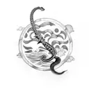 Serpent around a sword, ocean background, small moon covered by clouds tattoo design idea
