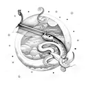 Serpent around a sword, ocean background, small moon covered by clouds tattoo design idea