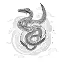 Serpent around a sword, ocean background, small moon covered by clouds tattoo design idea