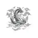 sea dragon rising from the ocean, ocean background, small moon covered by clouds tattoo design idea