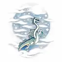sea dragon rising from the ocean, ocean background, small moon covered by clouds tattoo design idea