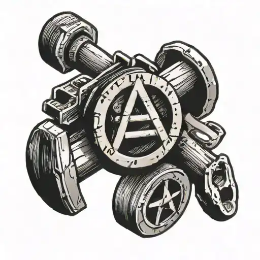 Anarchy symbol using a lever block as the ring and one axis, a hammer as another and a wrench as the third tattoo design idea