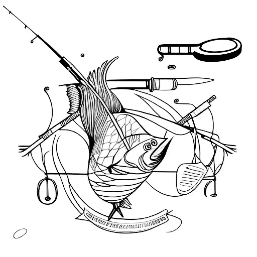 Fishing rod and rifle intertwined to represent the client's passions tattoo design idea
