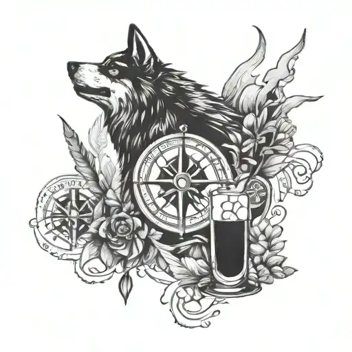 wanderlust with angry wolf and cocktail and compass tattoo design idea
