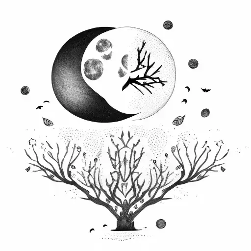 tree + darkness + dead flowers + full moon tattoo design idea