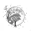 tree + wolf + darkness + dead flowers + full moon tattoo design idea